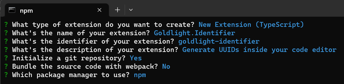 Image shows the prompts filled in to populate the project. The important prompts are the extension name, which is Goldlight.Extension, and the identifier, which is golglight-extension.