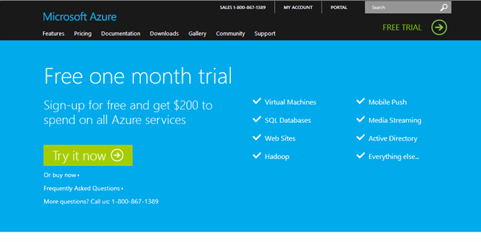 Microsoft Azure Blob Storage Free Trial View