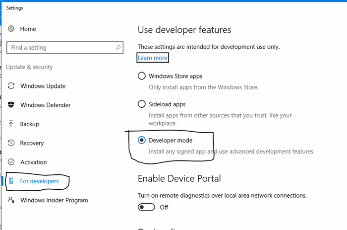 Enable using Developer mode features on Windows 10