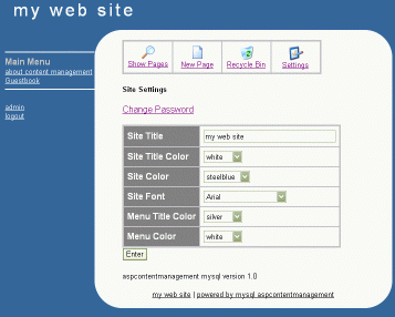 Sample screenshot of site settings