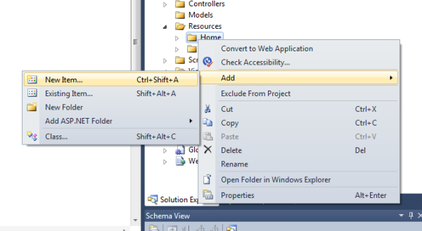Adding a new Item: Right click the folder, select 'Add' then 'New Item'