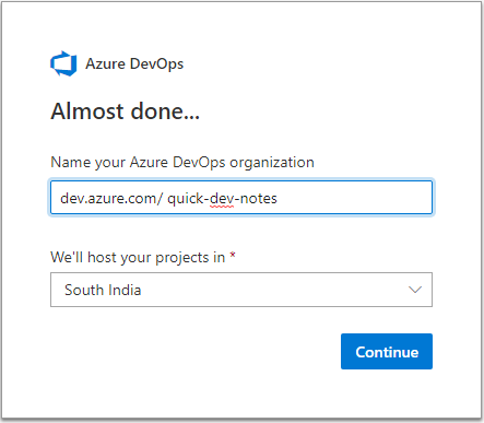 Create organization at Azure DevOps