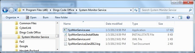 SysMonService installed in the file folder