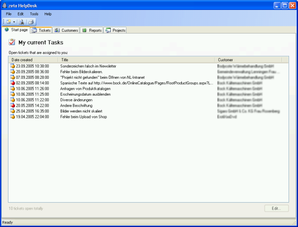 Main window of Zeta Helpdesk, showing the current tasks tab