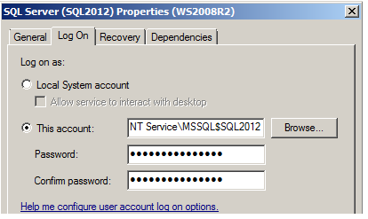 SQL 2012 properties = log on tab