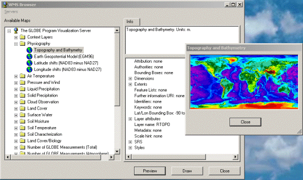 Sample image of WMS browser and a preview map.