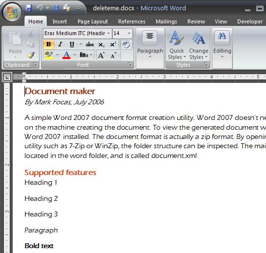 Resulting document displayed in Word 2007