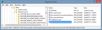 Browser emulation support is configured in the Registry