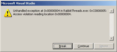 Visual Studio 8.0 exception while attempting to trace a rabbit thread
