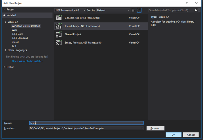 New Visual Studio class library project window