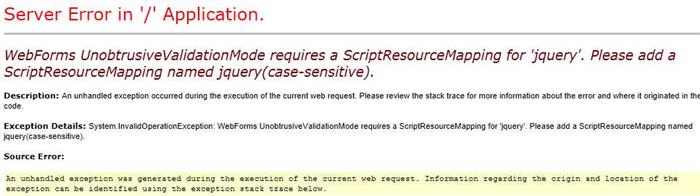 Error : WebForms UnobtrusiveValidationMode requires a ScriptResourceMapping for ‘jquery’. Please add a ScriptResourceMapping named jquery(case-sensitive).