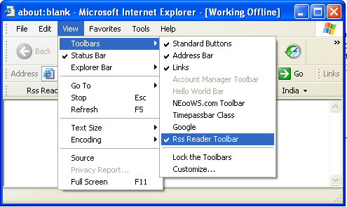 Selecting the toolbar from the Internet Explorer