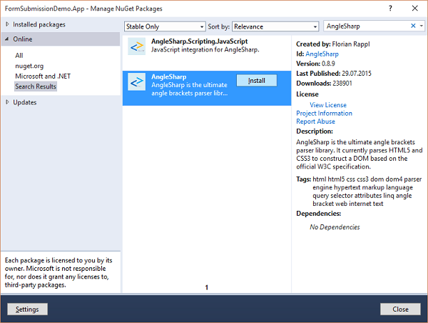 NuGet Install AngleSharp